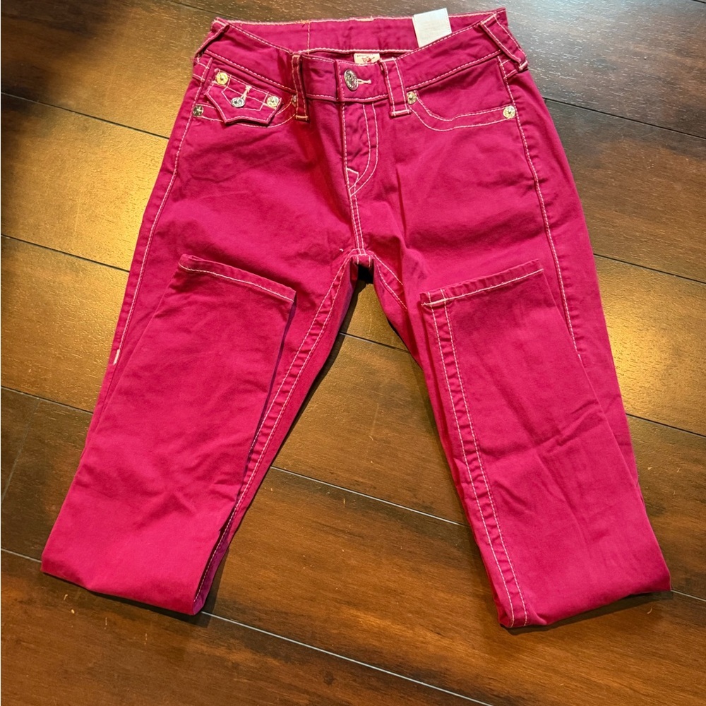 Magenta Jeans with White Stitching